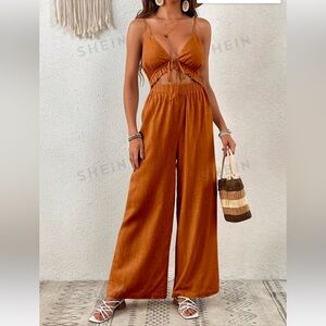 SHEIN VCAY Summer Beach Tie Front Cut Out Linen Wrinkle Easily Cami Jumpsuit szM